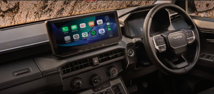 Toyota Hilux cabin featuring 12.3-inch touchscreen infotainment system and premium dashboard layout