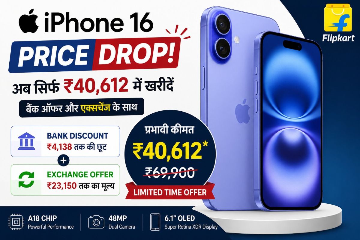 Apple iPhone 16 discount offer showing bank discount and exchange value reducing the effective price to ₹40,612