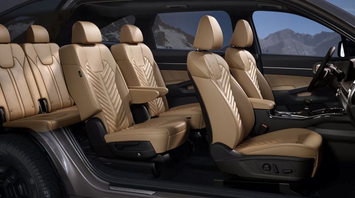 2026 Kia Sorento interior with 7-seat layout, second-row captain’s chairs and panoramic sunroof